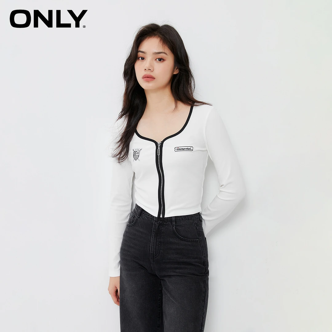 ONLY秋季新款显瘦时尚复古方形领口白色长袖短款T恤女|123301021