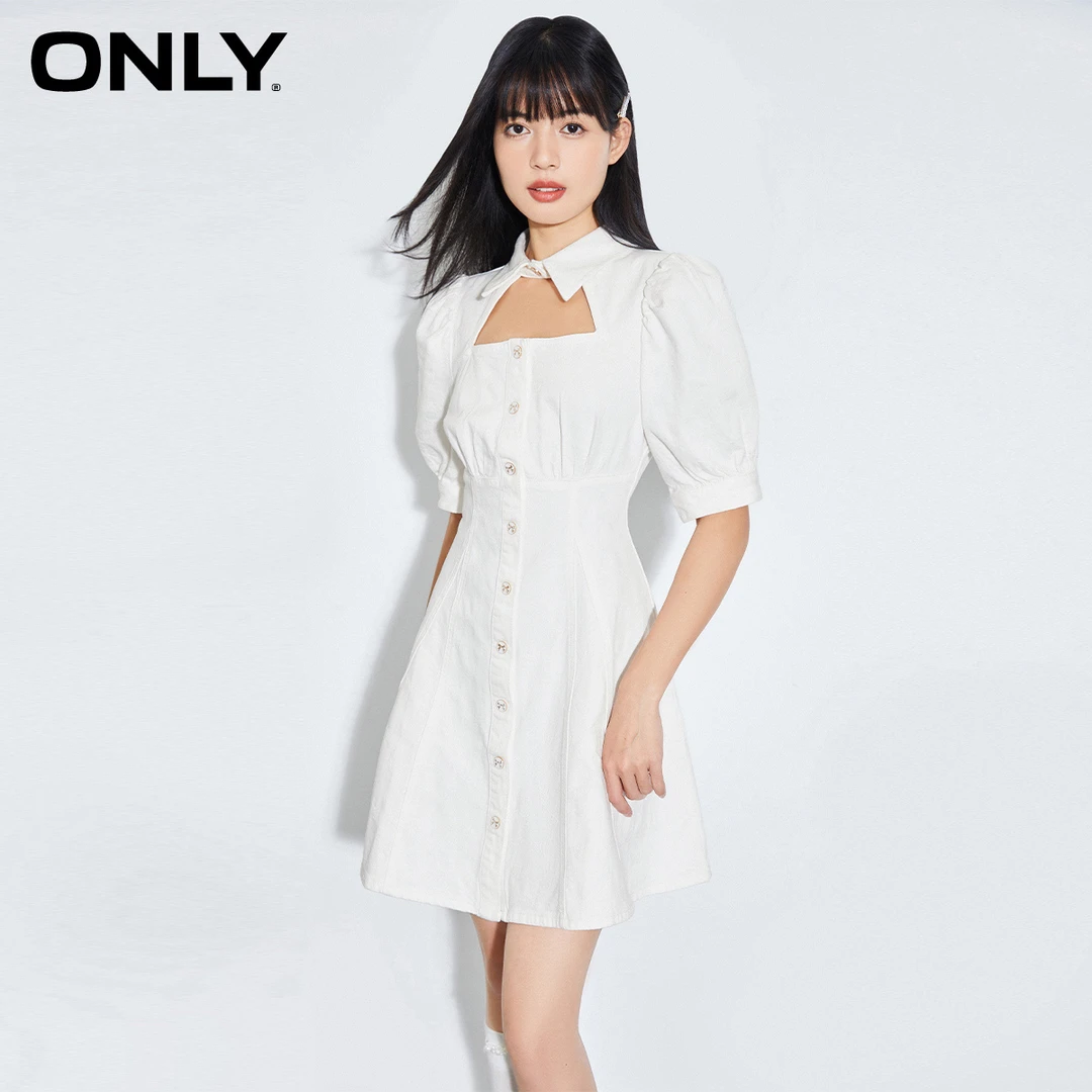 ONLY秋季新款泡泡袖镂空收腰法式气质短款牛仔连衣裙女|123142041