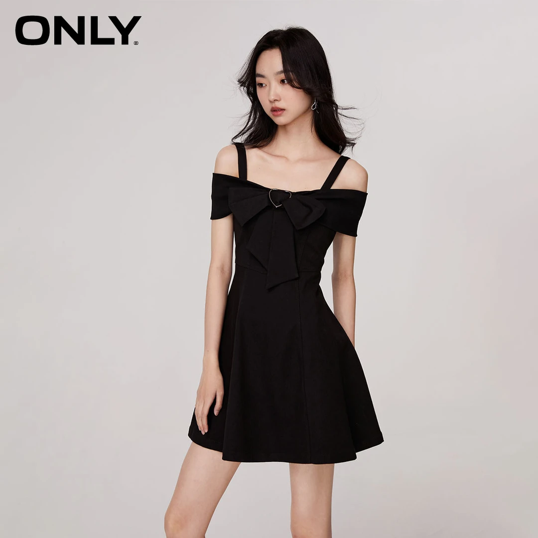ONLY夏季新款时尚甜美显瘦露肩牛仔短款方领连衣裙女|123242055