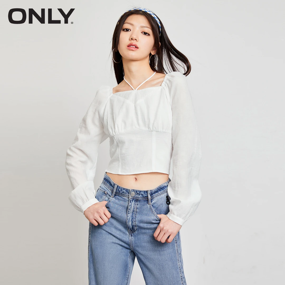ONLY秋季新款时尚轻奢小众泡泡袖小众方领短款雪纺衫女|123151012