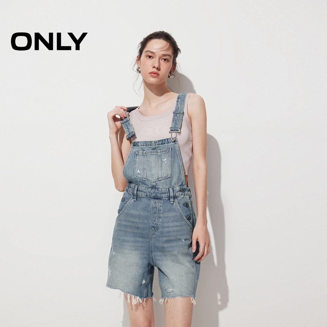 ONLY夏季复古做旧毛边高腰背带裤短裤牛仔裤休闲百搭女|12427N003
