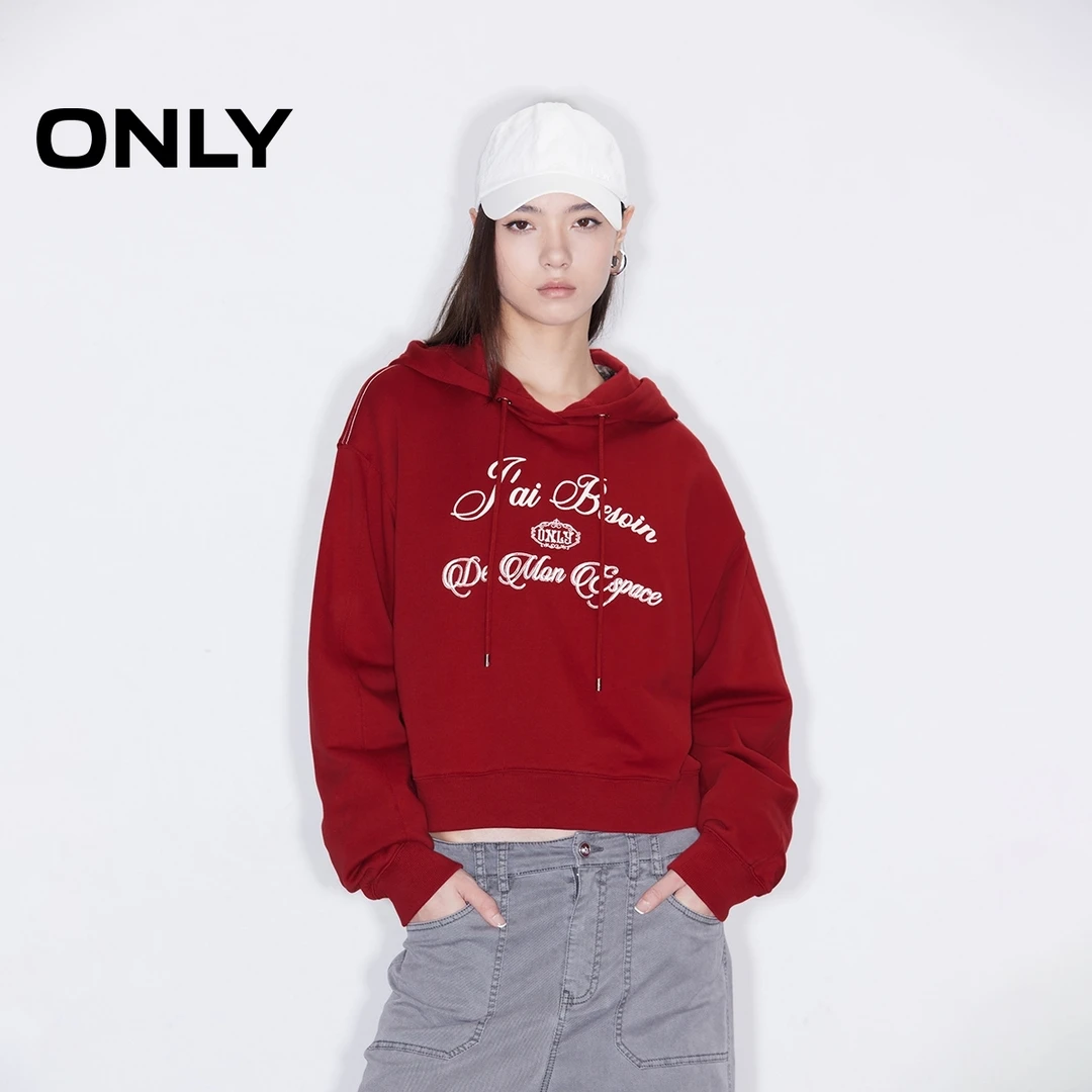 ONLY秋冬纯棉宽松印花连帽灰色卫衣女酷飒风女装高级感|12519S005