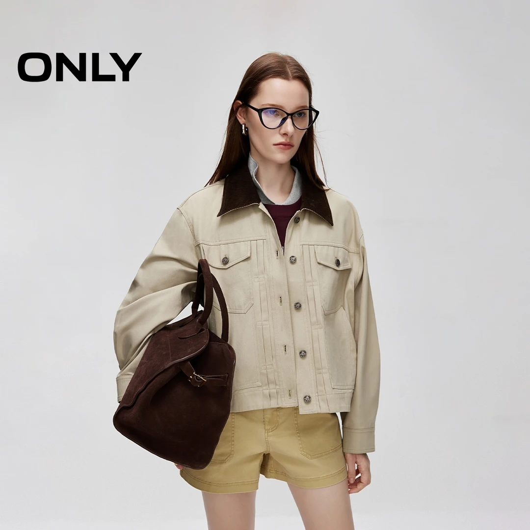 ONLY秋季复古拼接翻领宽松落肩短款外套女老钱风松弛感|124336007