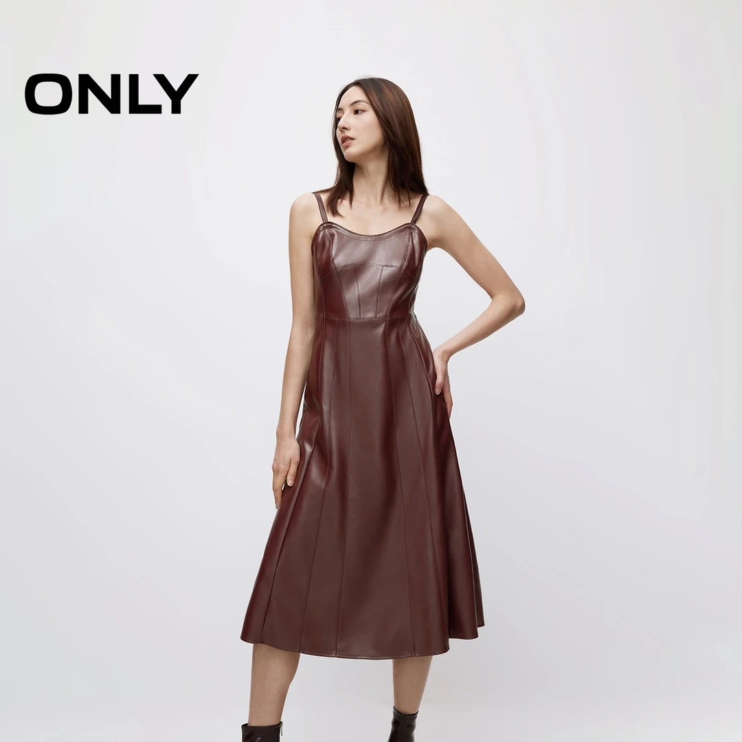 ONLY夏季纯色PU显瘦吊带连衣裙女装酷飒风暖系流光风|12437Y008