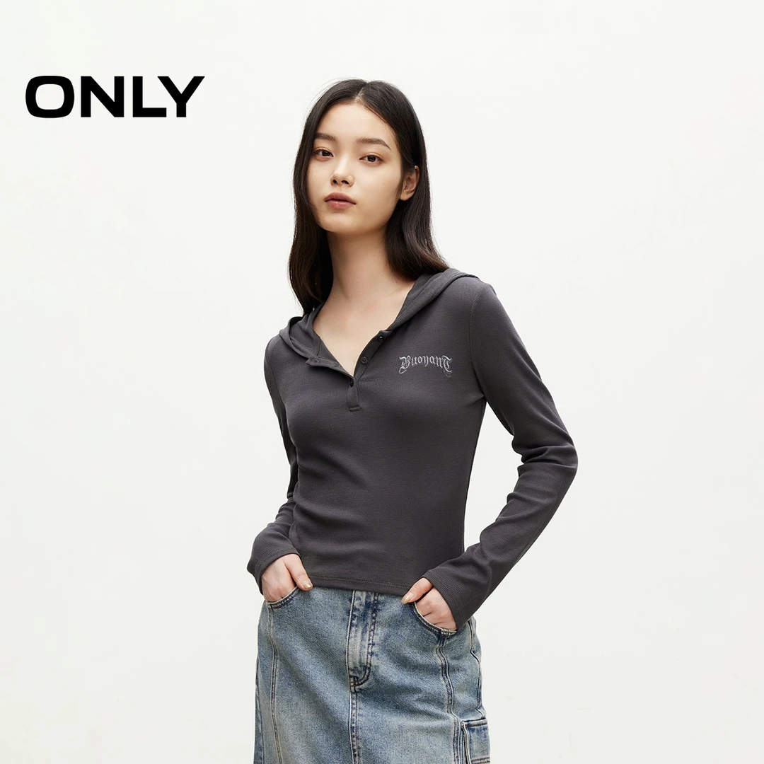 ONLY秋季设计感短款修身长袖连帽T恤女酷飒风女装高级感124302022