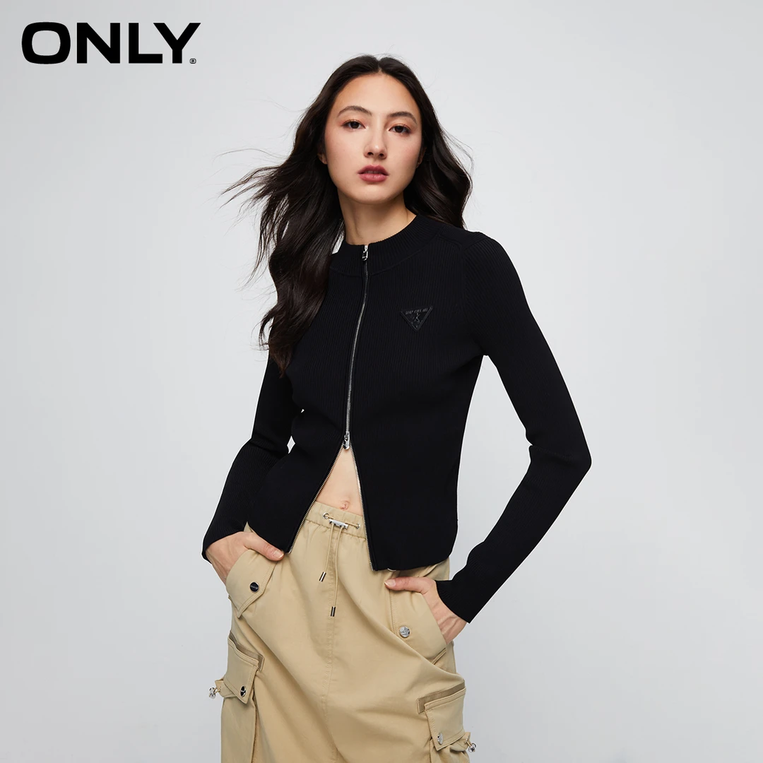 ONLY秋季新款运动休闲通勤风圆领修身开衫长袖针织衫女|12333A009