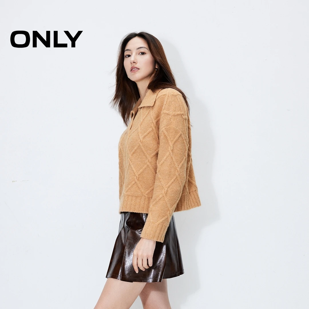 ONLY秋冬翻领绞花长袖毛衣针织衫女酷飒风女装高级感|124413048
