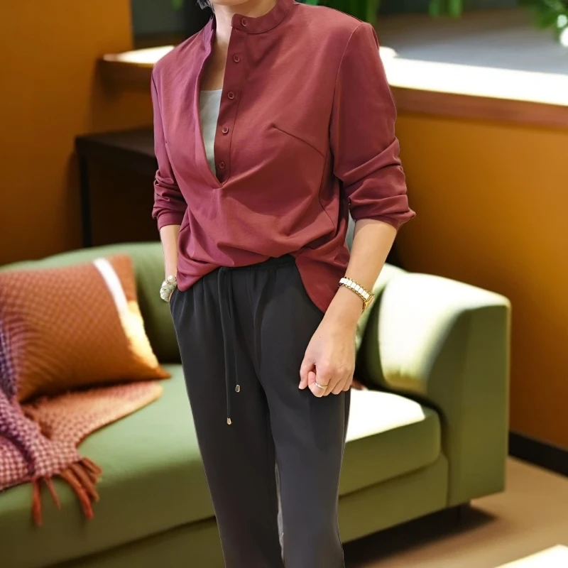 前扣立领显瘦气质纯色时尚长袖衬衫