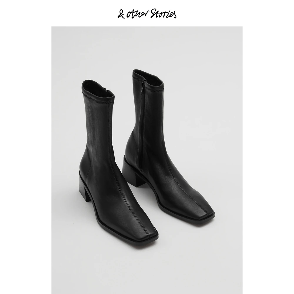 皮革粗跟袜靴黑色气质时尚通勤出街 ＆ Other Stories 1169401001
