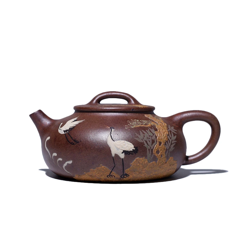 大吉羊柴烧 宜兴紫砂壶茶壶 原矿本山绿泥松鹤延年150ml庄勤英