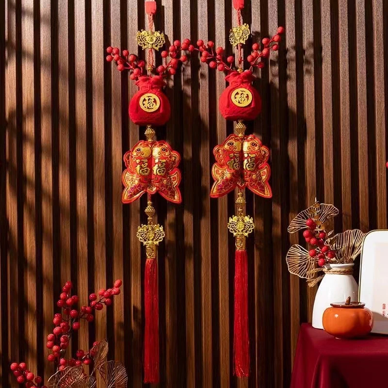 【双鱼款】金色福字花瓶对鱼挂件 红果挂件 立体植绒新年挂画挂