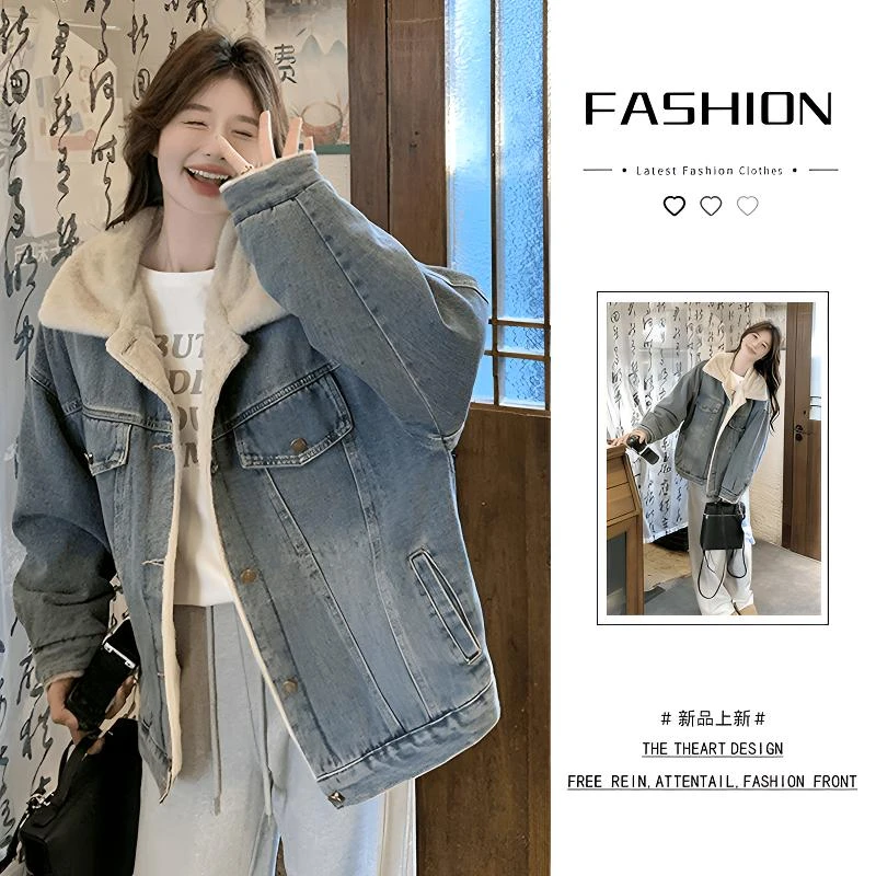 加绒加厚牛仔棉服外套冬装新款2025冬季韩版宽松棉衣休闲夹克上衣