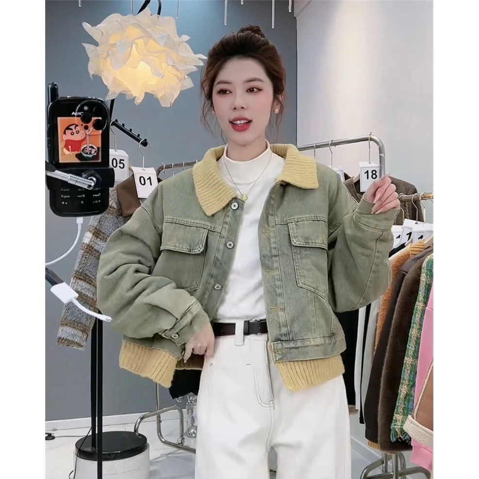 美式复古慵懒风撞色翻领牛仔外套女秋冬季加绒休闲机车服夹克上衣