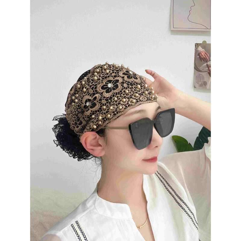 新款钉珠网纱帽女遮白发头饰春夏新款头巾钉珠妈妈款方便头套帽子