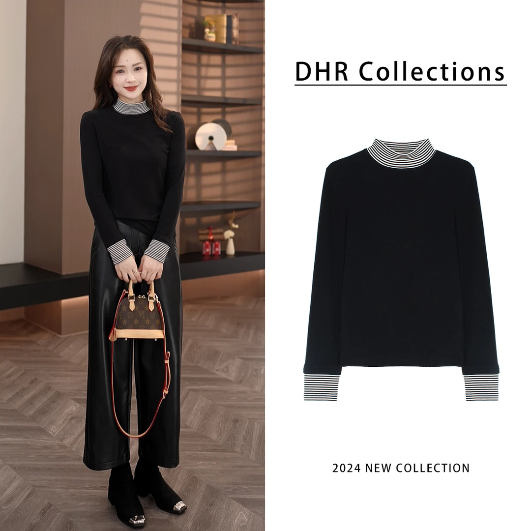 DHR COLLECTTIONS豆豆【条纹领】冬季加绒立领德绒长袖内搭女-DD695