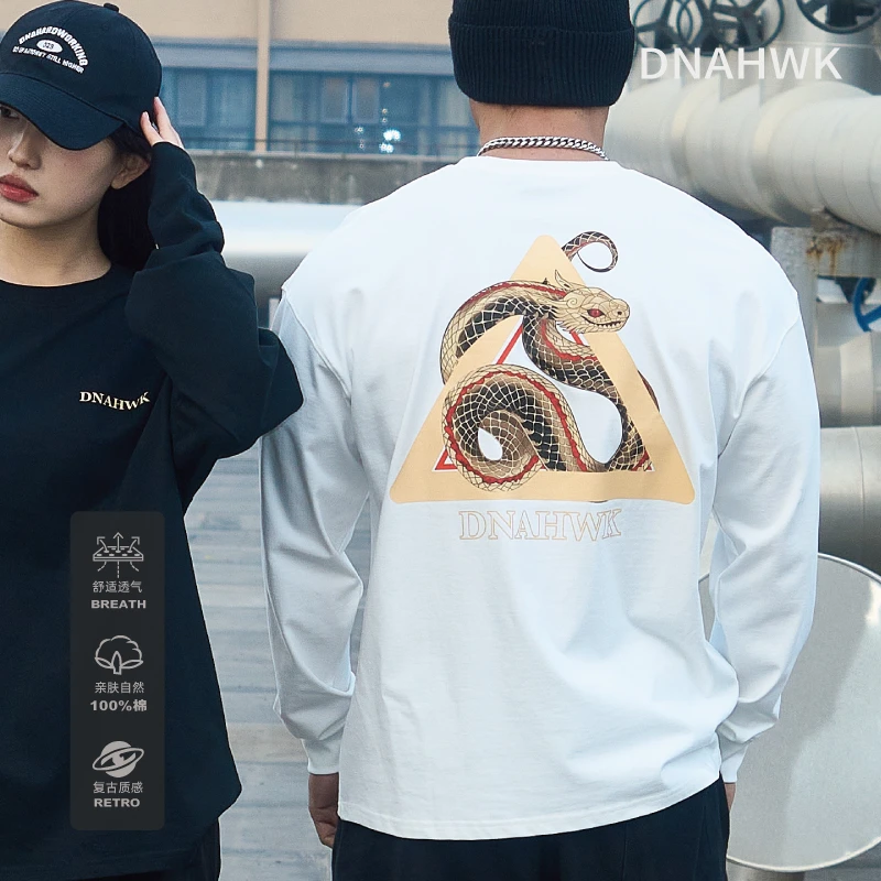 DNAHWK金蛇印花长袖T恤男新款蛇年本命年美式复古宽松休闲打底衫