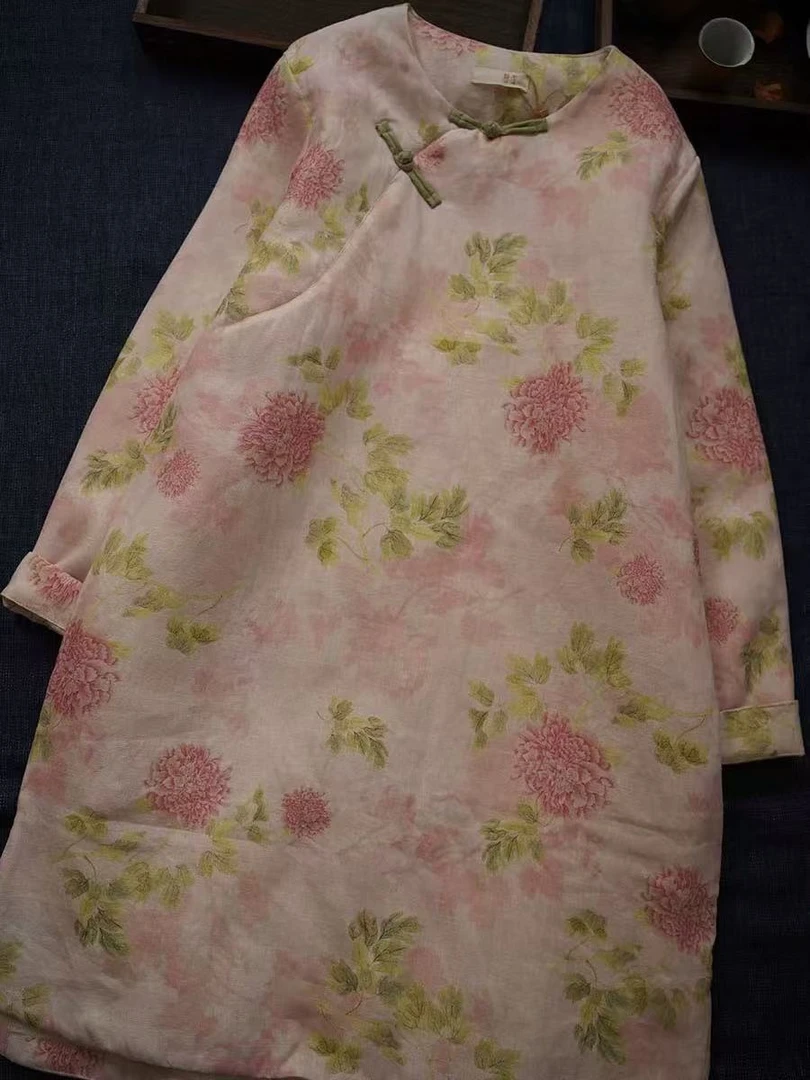 新款亚麻薄棉粉色牡丹花中长款甜美文艺棉裙