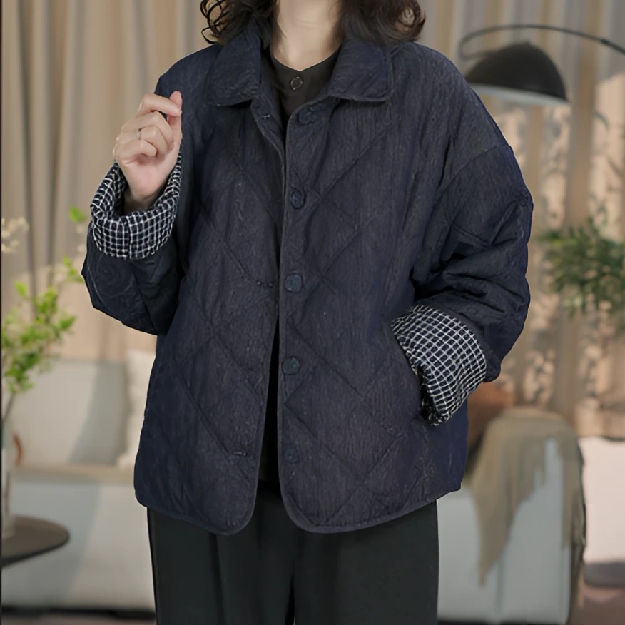 8996新款宽松休闲洋气减龄翻边保暖格子文艺复古牛仔棉服外套