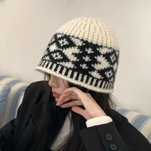 【工厂直发】新款韩国复古帽子毛线帽百搭设计师秋冬菱形拼色保暖护