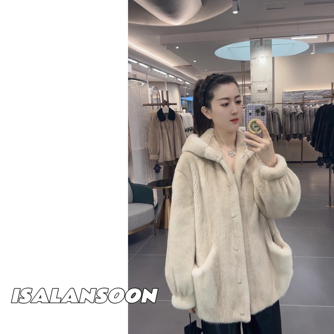 [ISALANSOON]"冬日暖阳"2024秋冬轻奢女款天鹅绒水貂外套-24038