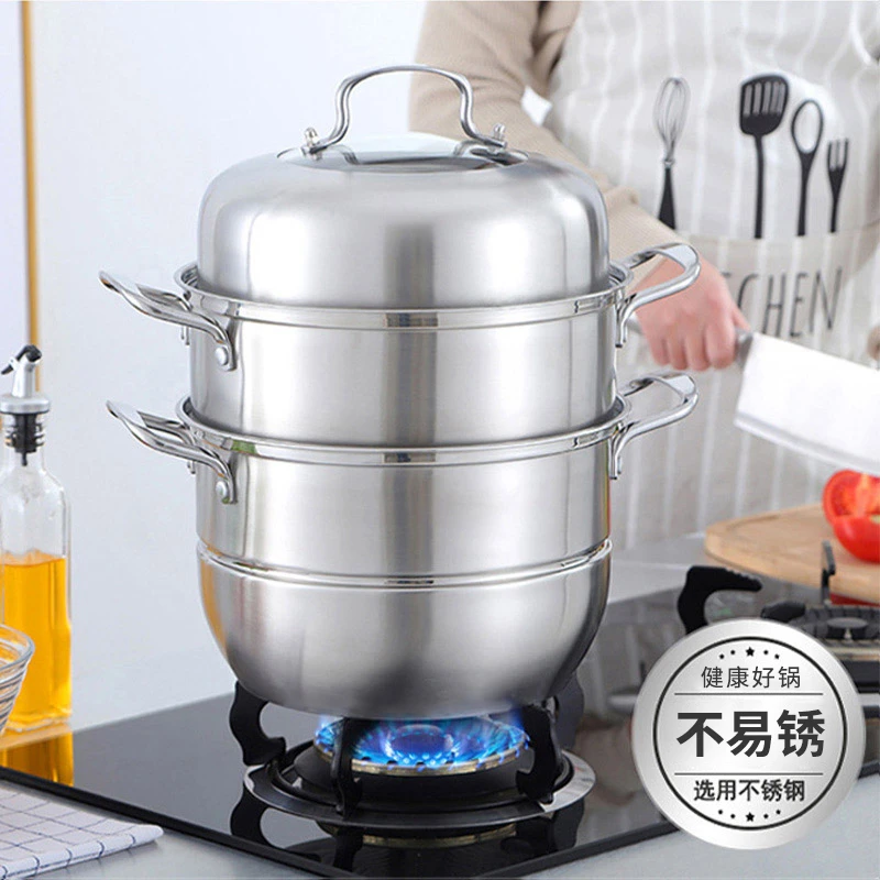 hanle/翰乐食品级家用蒸煮多层烹饪不锈钢32cm三层蒸锅燃气灶使用