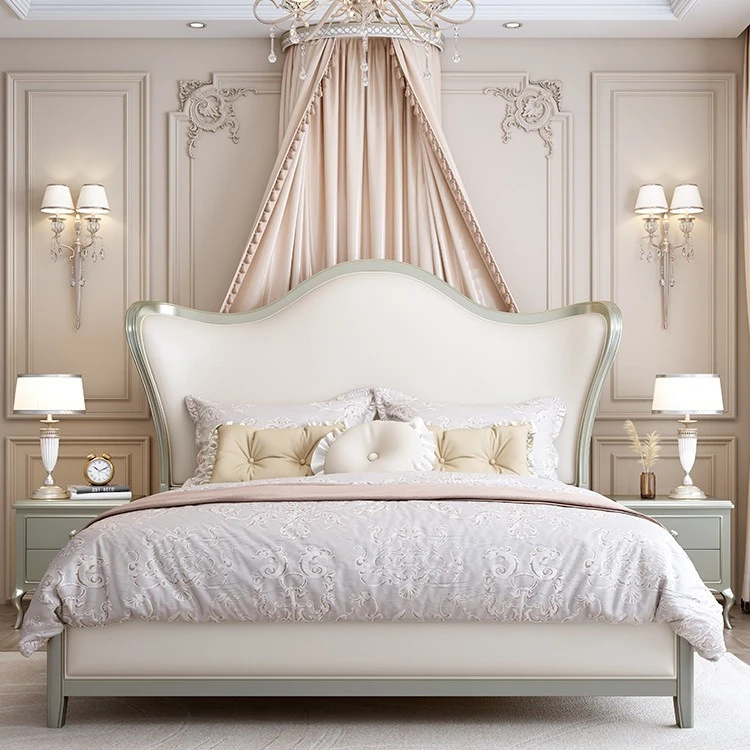 美式实木床轻奢床现代简约奶油风床1.8m主卧室双人大床皇冠元宝床