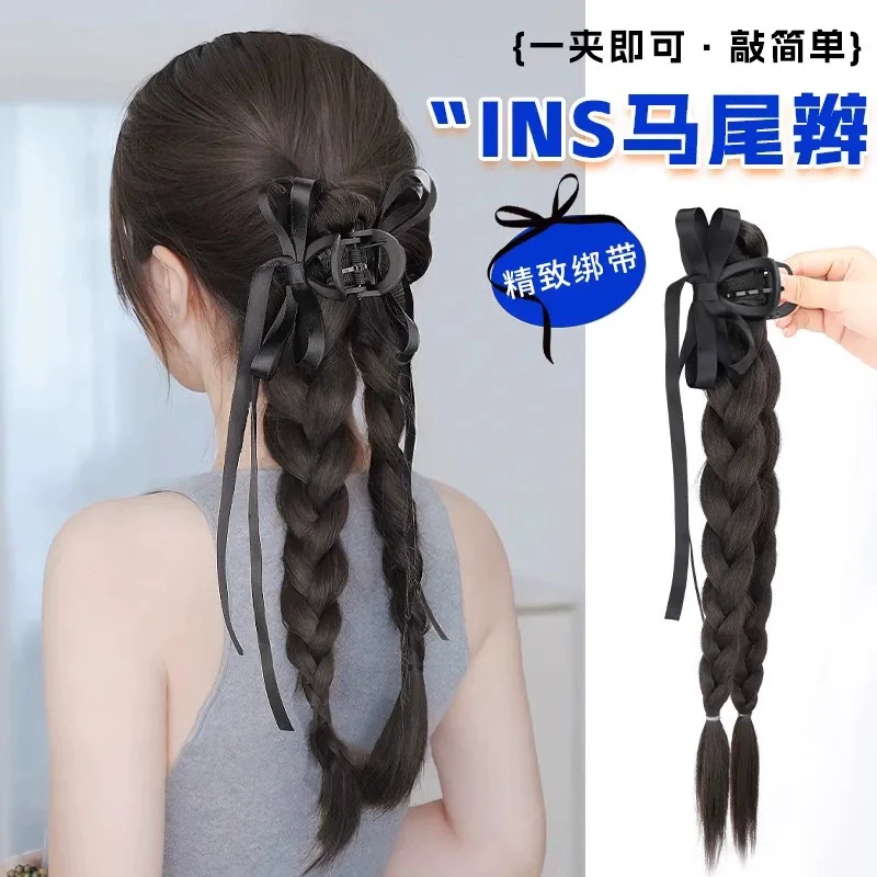 双麻花辫女鱼尾麻花辫仿真发公主自然甜美丝带抓夹双辫马尾辫假发