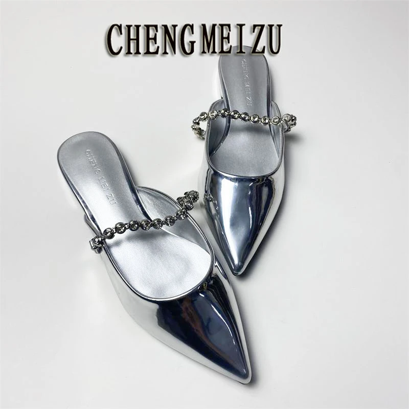气质包头半拖鞋2024新款一字带平底懒人半拖女鞋宝石链尖头穆勒鞋