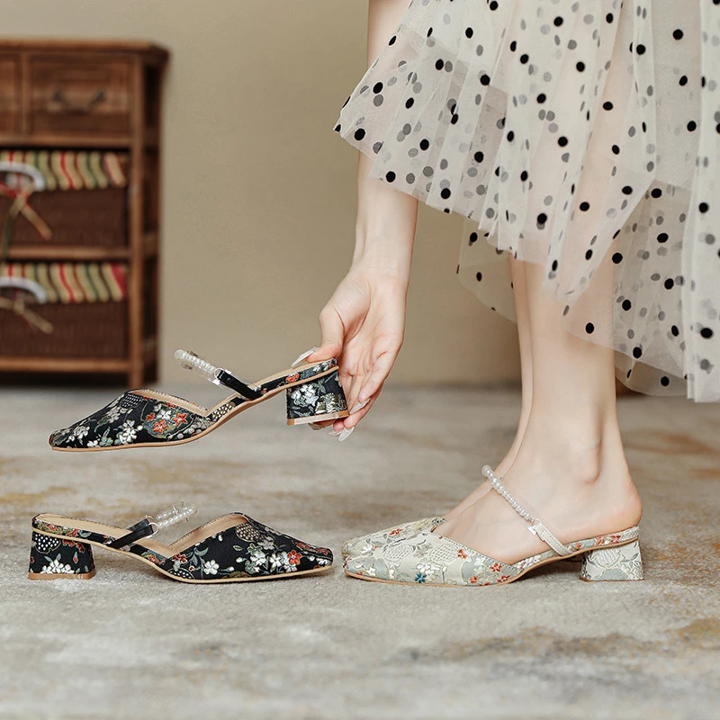 包头半拖鞋女2024夏季新款一脚蹬新中式国风配裙子大码高跟凉拖鞋