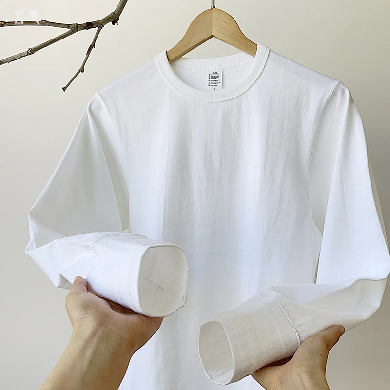 秋冬内搭270g三本针小领口重磅纯白长袖T恤男女装 纯棉内搭打底衫