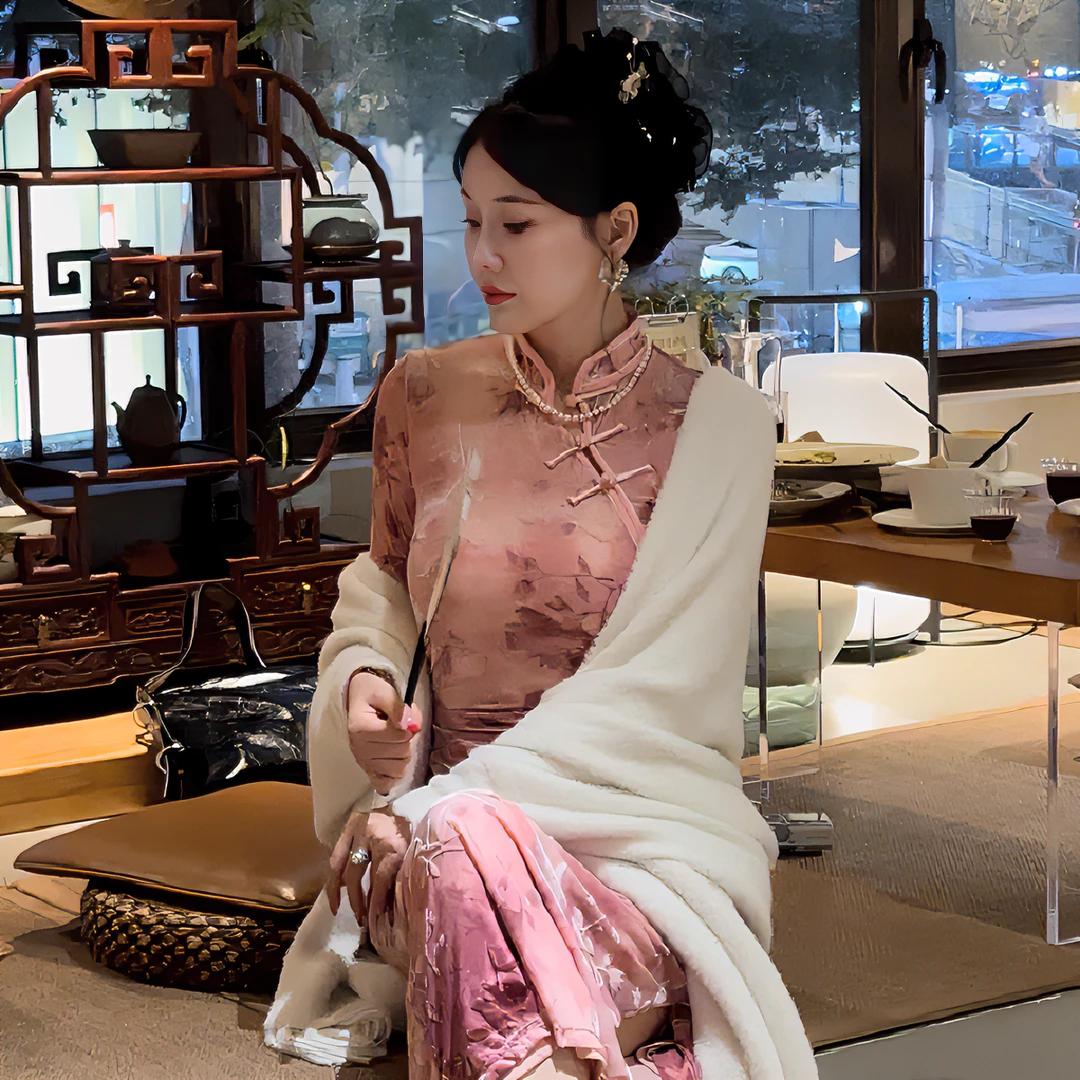 YUN《无刺绣梵高艺术》复古修身显瘦中国风气质新中式长袖连衣裙