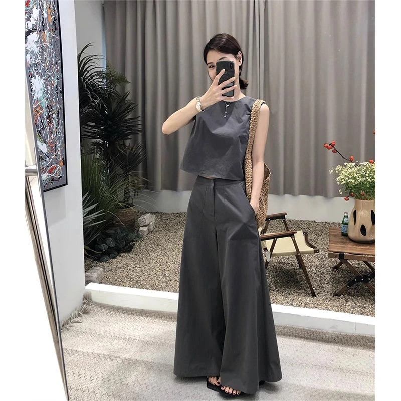 灰色高级感通勤穿搭一整套夏季韩版松弛感时尚减龄上衣阔腿裤套装