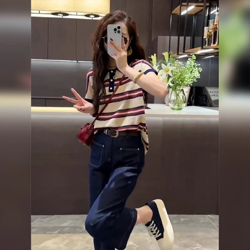 2024夏季新款小众不撞款套装复古条纹翻领衬衫休闲百搭牛仔裤女装