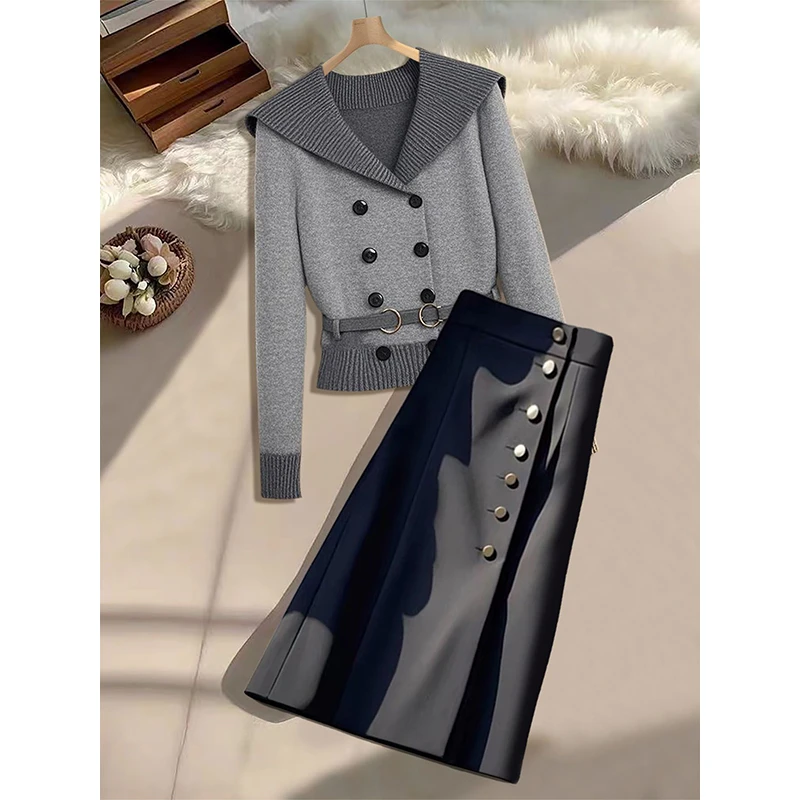 2024年秋季新款休闲时尚洋气减龄针织双排扣毛衣百搭半身裙两件套