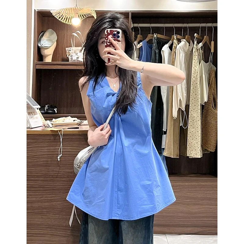 蓝色宽松显瘦设计感无袖背心女夏季小个子松弛感通勤今年流行上衣