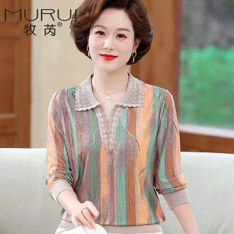 妈妈春装上衣洋气质长袖翻领T恤中年女时尚春秋薄款冰丝打底小衫
