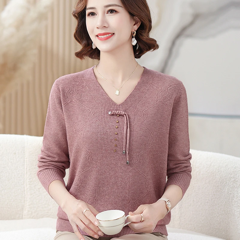 中年妈妈毛衣洋气打底衫2024秋装新款中老年女装长袖针织小衫上衣