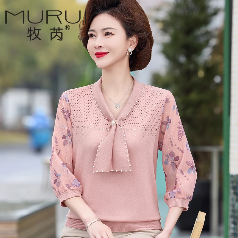 新款妈妈秋装纱袖打底小衫中年女春秋时尚针织上衣中老年夏季T恤