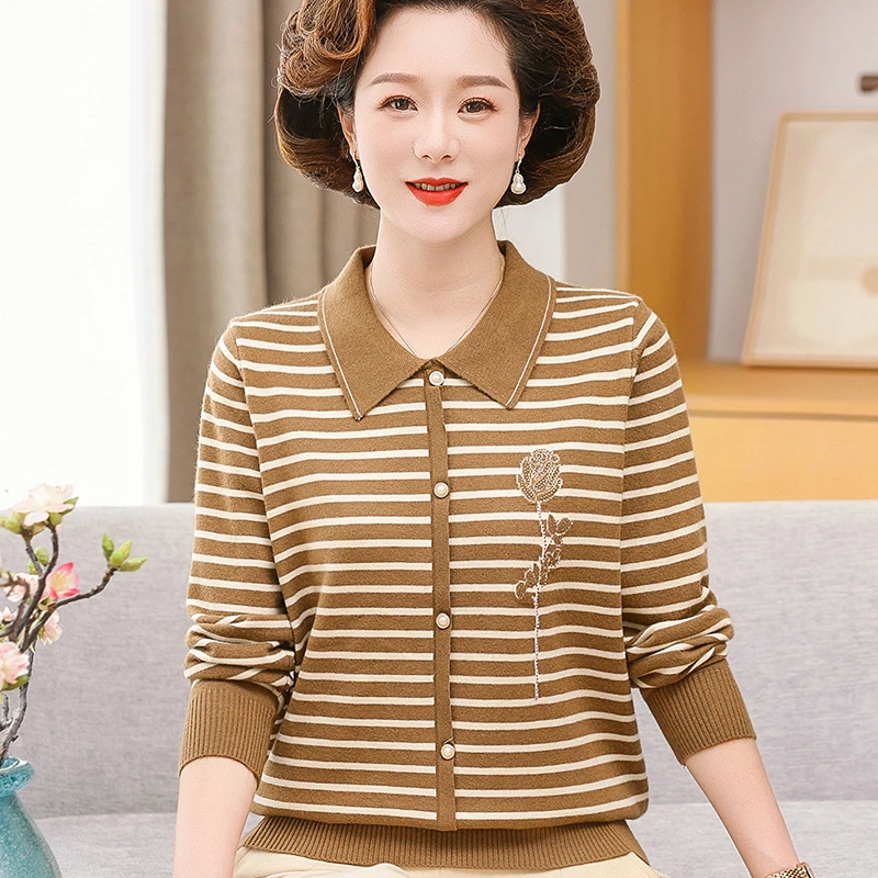 妈妈春秋翻领长袖T恤宽松大码女装中老年人休闲条纹针织打底毛衣