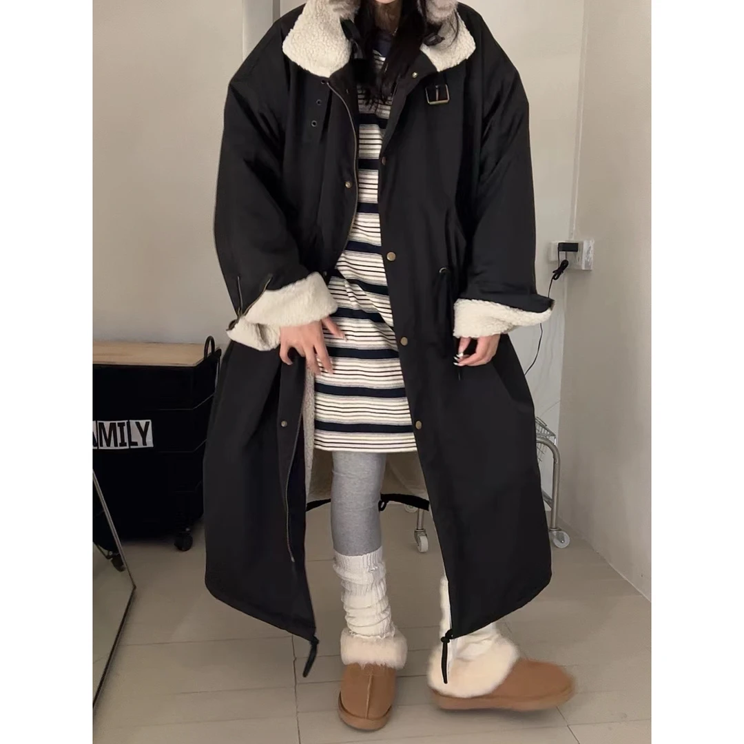 小北中长款宽松百搭加厚复古ins羊羔毛棉服