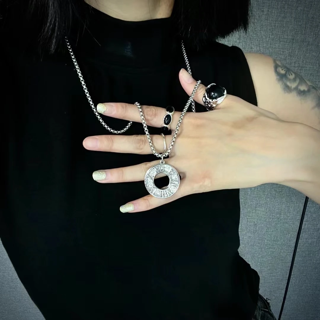 钛钢项链 小北 轻奢项链百搭经典银色圈圈镶钻长款项链