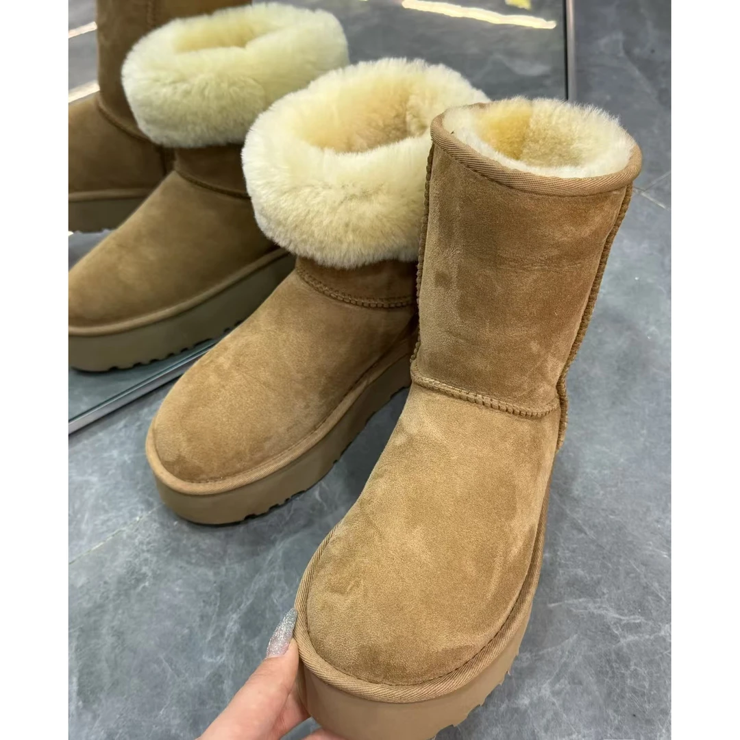 桑坡雪地靴冬季5825薄厚底雪地靴百搭真皮加绒皮毛一体休闲时尚