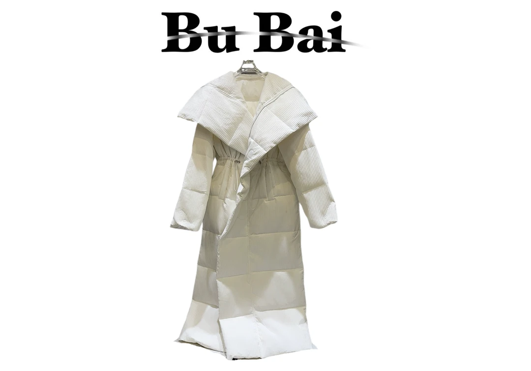 【不白家】冬季新款炸街大翻领抽绳条纹面料长款保暖羽绒服外套