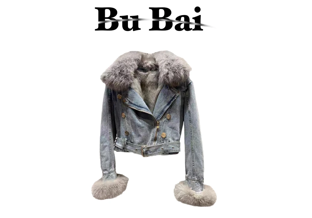 【不白家】千金走秀款狐狸领兔内里金属扣保暖牛仔短外套