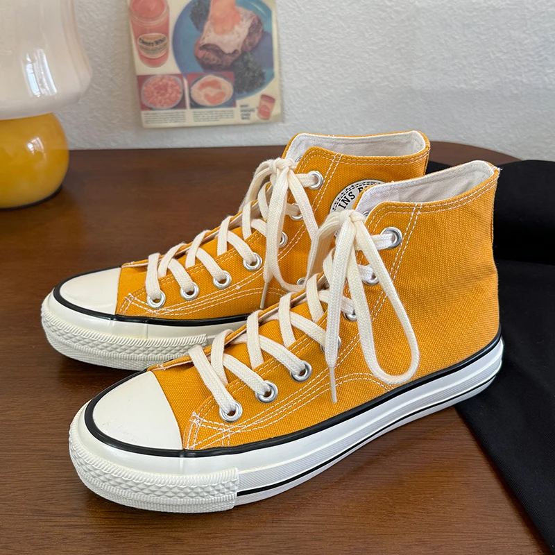 黄色高帮时尚青春潮流韩版百搭系带港风休闲款男女同款复古帆布鞋