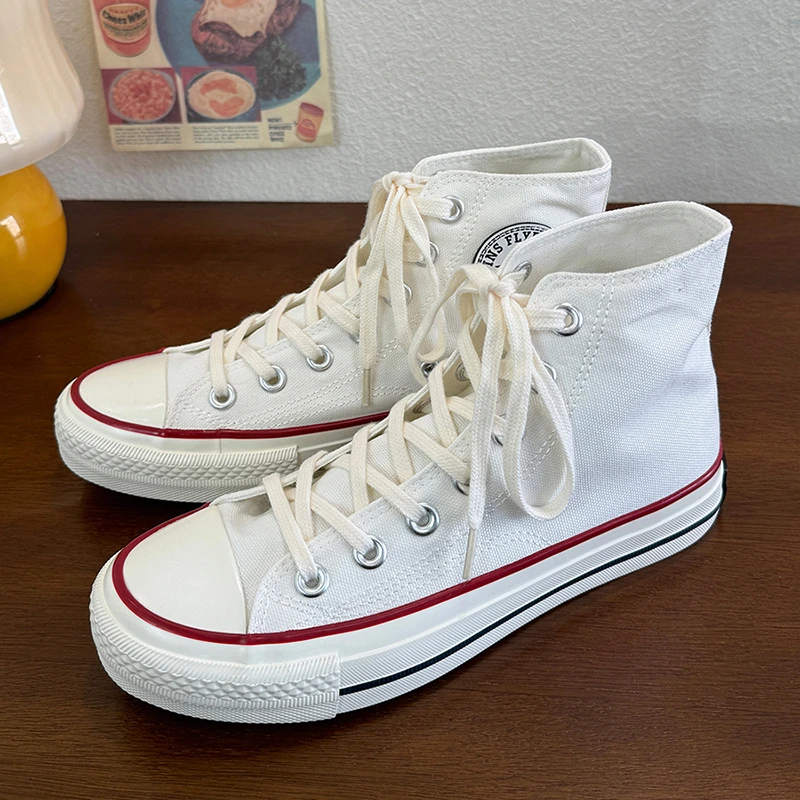 白色高帮男女同款情侣款时尚青春潮流211百搭学院系带休闲帆布鞋