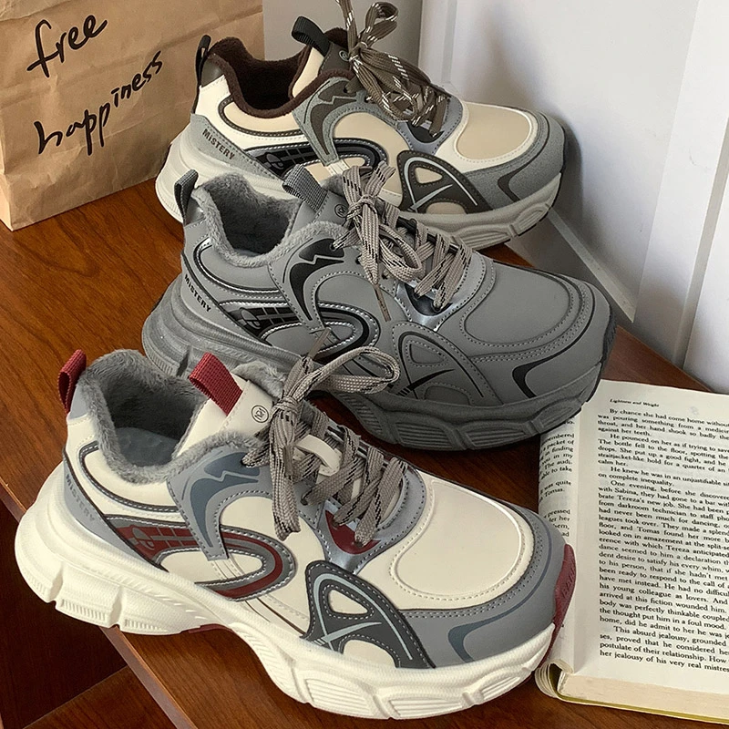 灰色低帮厚底1595时尚加绒休闲款学院系带青春潮流港风保暖老爹鞋