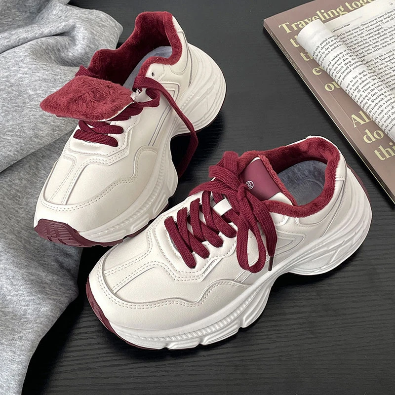 白红低帮厚底1591时尚青春潮流加绒休闲款学院系带港风保暖老爹鞋