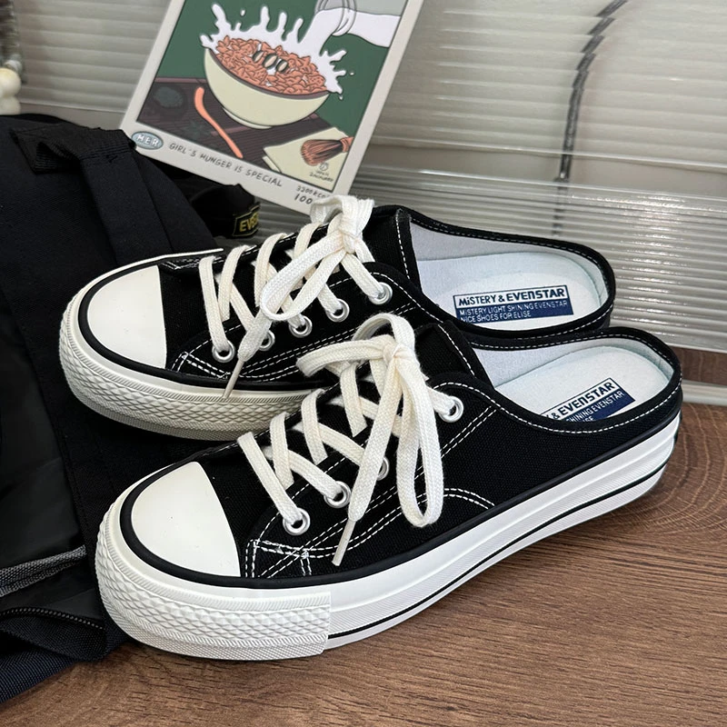 白色低帮厚底时尚青春潮流百搭休闲款平底231透气增高半拖帆布鞋