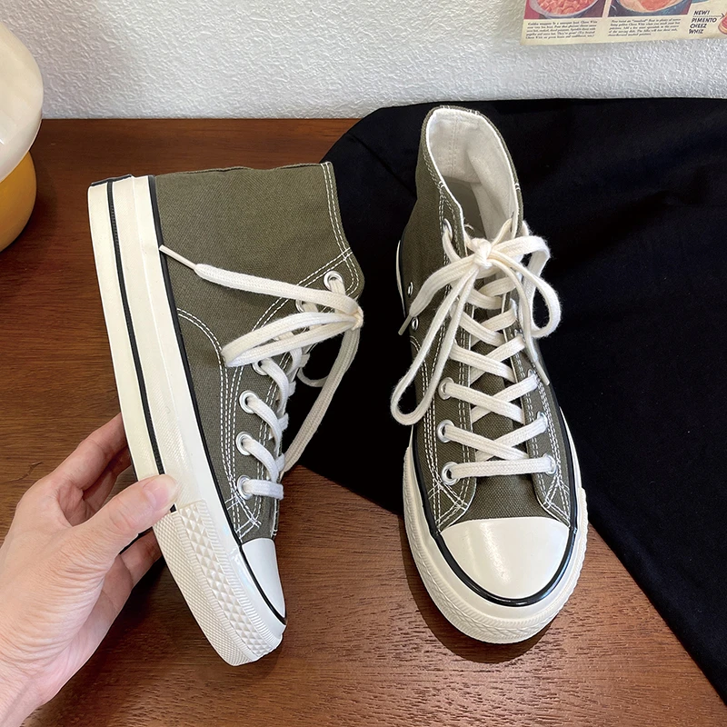 橄榄绿时尚青春潮流韩版百搭男女款19情侣港风休闲学院系带帆布鞋